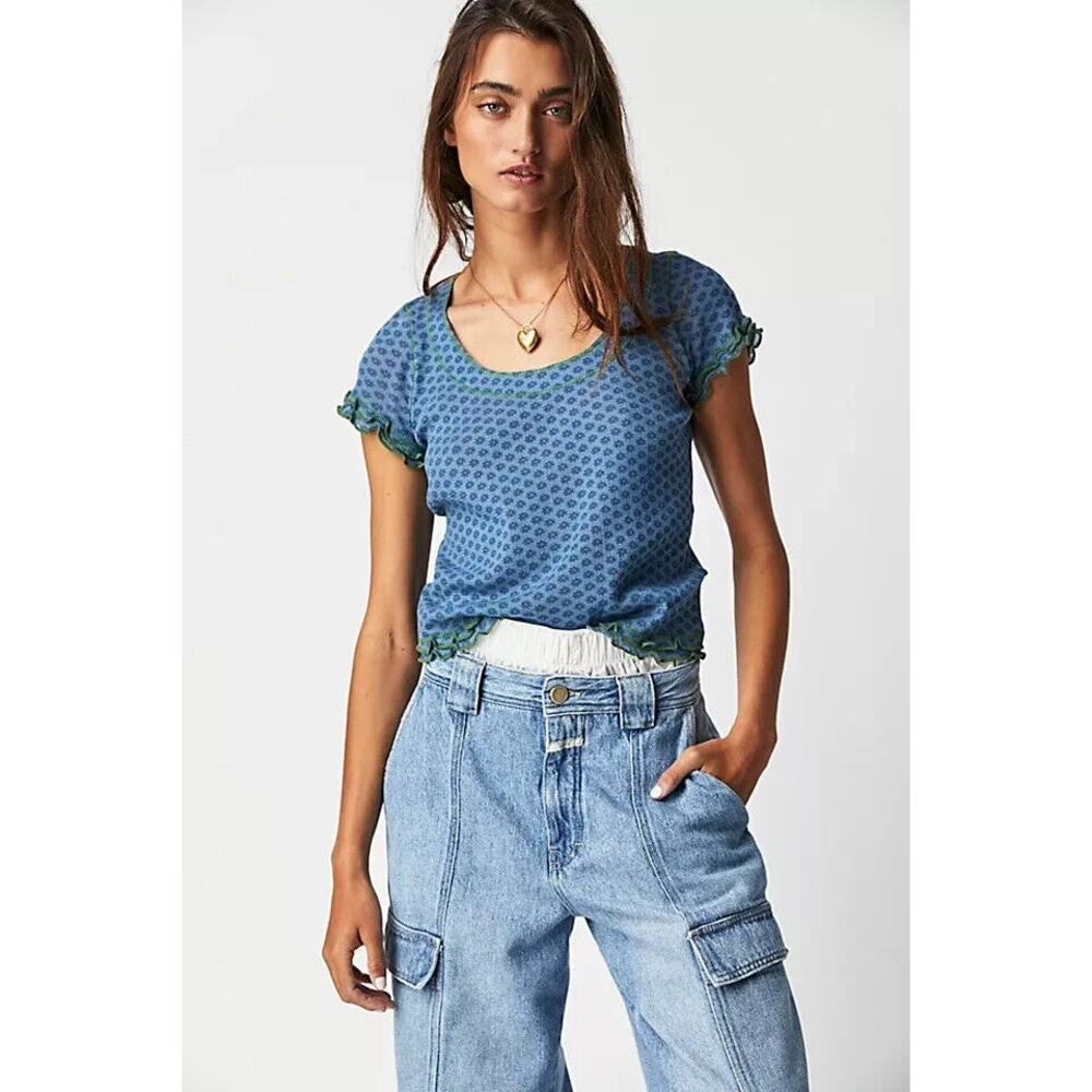 Free People Garner Tee Floral Gauzy Cotton Ruffle Sleeve T-Shirt Hippie Boho